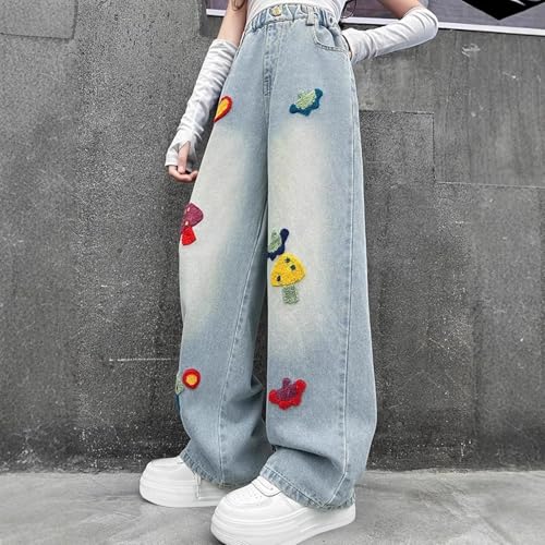 Girls Jeans Cute Graphic Elastic Waist Straight Leg Casual Denim Pants Kids Streetwear with Pockets2
