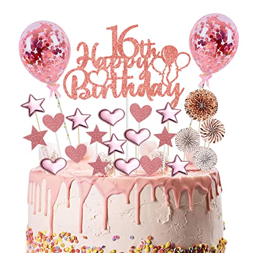 Topper de la Torta 16 años Oro Rosa, Decoraciones para Tartas de Cumpleaños 16, Decoración de Cumpleaños con Globo de Estrella de Corazón, Cupcakes con Purpurina de Cuero para Niñas Cover