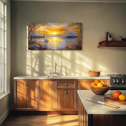 crmotu Sunset Wall Art, Lake Art Wall Decor, Sailboat Wall Art, Mountain Landscape Large Art Prints, Dusk Aesthetic Paintings Wall Decor Living Room Bedroom Kitchen Office Decorations 20x40inch