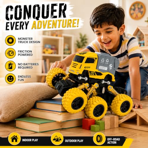 Image of Die Cast Monster Truck Toy for Kids | Heavy Duty Vehicle with Big Wheels | Strong Metal and ABS Plastics Build | Action Packed Push Play Truck | Gift Choice Yellow Colour