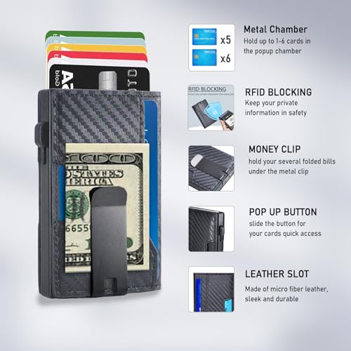 Minimalist Wallet for Men, RFID Card Holder Pop Up Wallet with Money Clip, ID Window, Leather Slot(Metal, Black CF)4