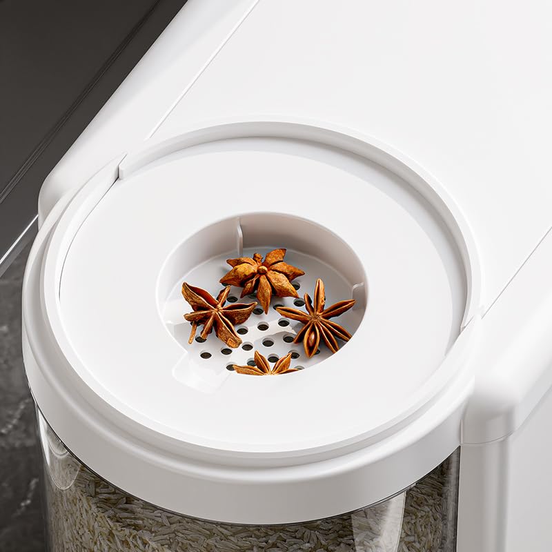 Reisbehälter mit Messbecher, verbesserte integrierte Frischebox, Müsli-Spender, Aufbewahrung mit Deckel, für Zuhause, Küche, Speisekammer, Reis, Sojabohnen, Mais und große Körner, Weiß, 11,3