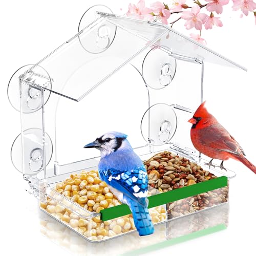 HCGADON Window Bird Feeder, Clear Birds Feeder with 5 Strong Suction Cups, Easy-to-Clean Detachable Feeding Tray, Outdoor Window Viewing Box, Weatherproof Garden Decor, Gifts for Bird Lovers, Cats