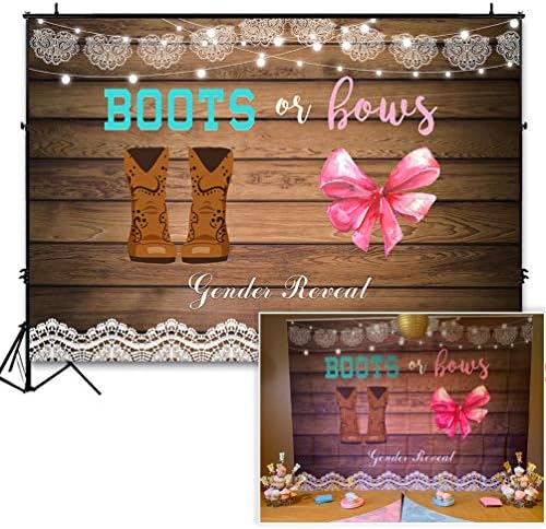 COMOPHOTO 7x5ft Boots or Bows Gender Reveal Backdrop Girl or Boy Baby Shower Photography Background Rustic Wooden Cowboy Boots Lace Party Decoration Cake Table Banner Photo Booth
