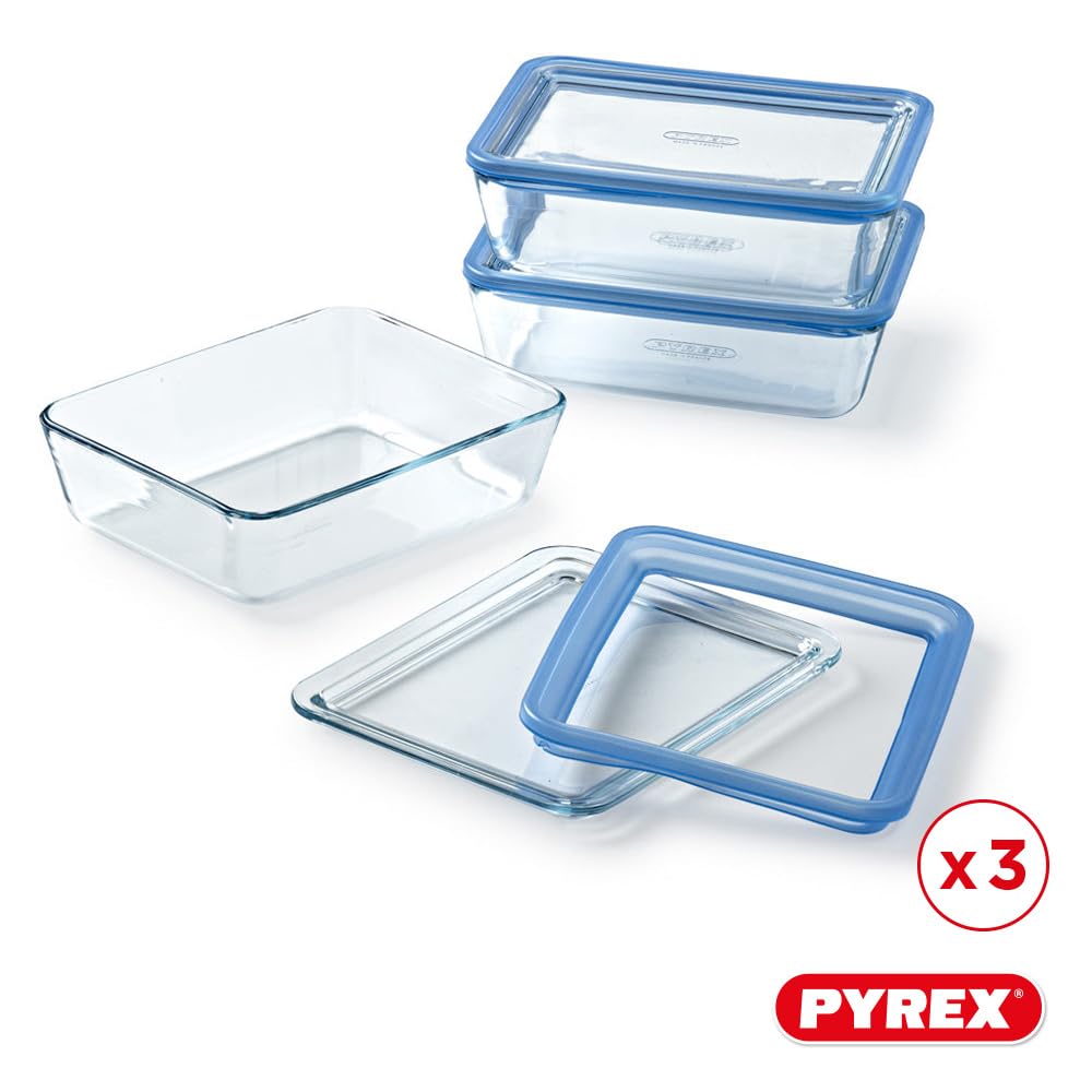 PYREX Zero Plastic - Lot de 3 Boîtes Rectangulaires - Verre Borosilicate - Couvercles en verre - Compatible au Four - Made in France (3 X 1,5L)
