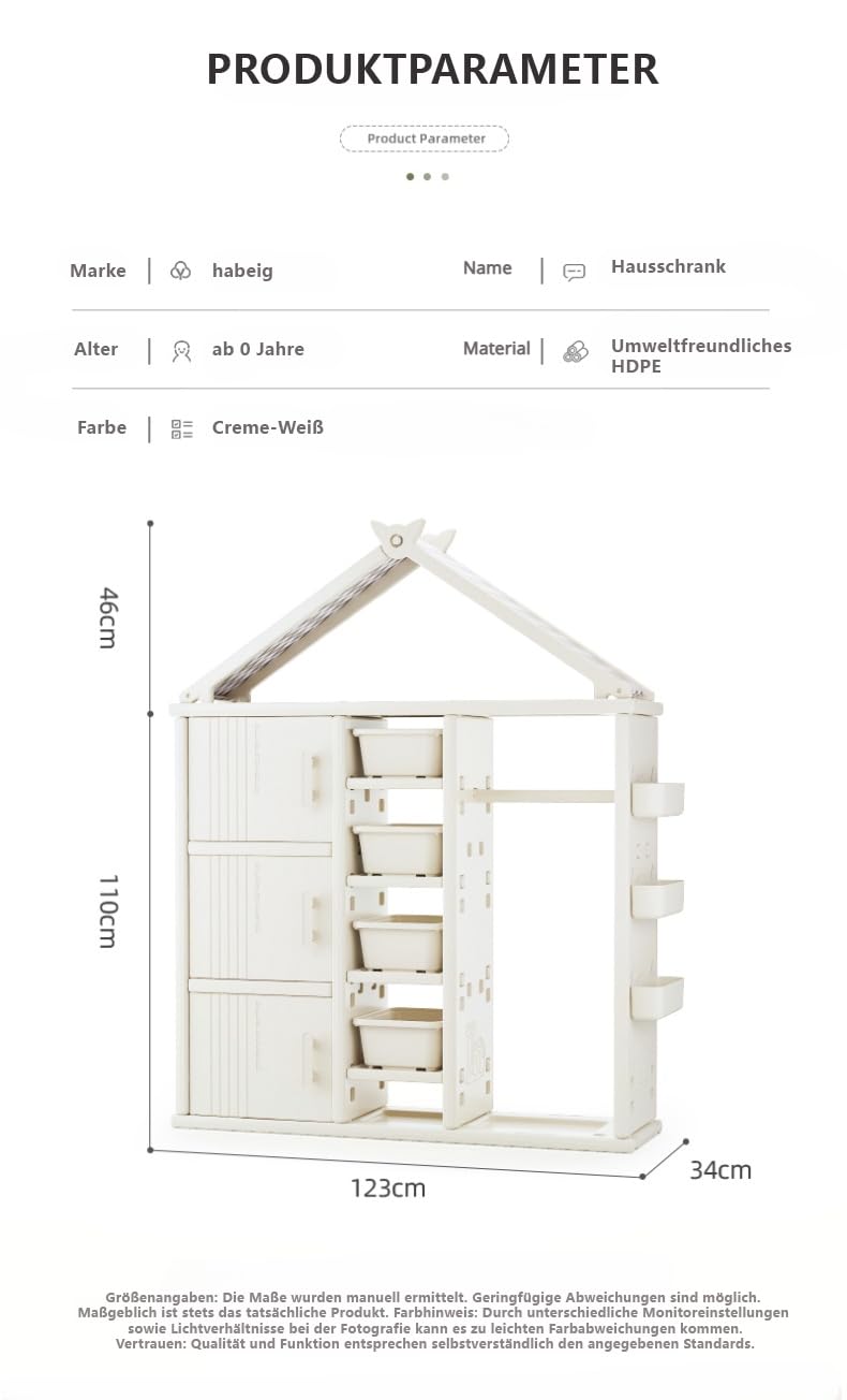 habeig Multifunktionaler Kinder-Kleiderschrank, Hausform Design, Kinderschrank, 156x123x34cm, Beige, mit Türen, Ablagekörben und Kleiderstange, Einfache Montage (20211)