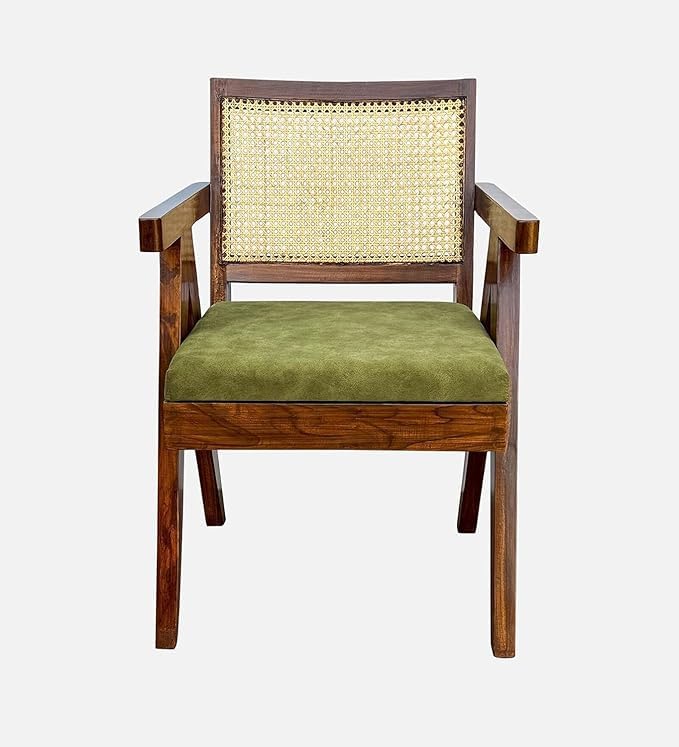 Image of Sainistree Furniture | Solid Sheesham Wood Rattan Armchair | Teak Brown Finish, Cane Back & Geen Upholstery | Mid-Century Modern Accent Chair for Living /Dining Room (Pair of 4- Natural and Green)