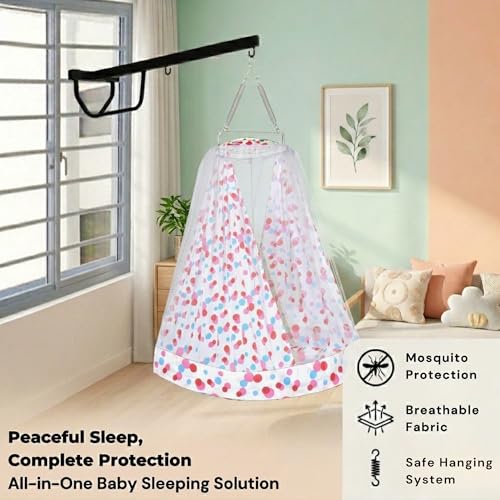 Image of VParents Sleeping Essentials Set with Mosquito Net, Spring & Window Stand (Pink) | Polka Dots