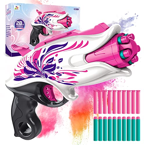Soft Bullet Toy Pink Dart Blaster, 5-Dart Rotating Drum, 20 Darts, Kids Outdoor Toys Xmas Birthday Gifts for Girls Ages 6+ Years Old