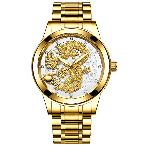 Image of Goodern Couple Pair Watches Luminous Stainless Steel His and Hers Dragon Wristwatch Large Face Quartz Watch for Men & Women His and Her Couple Watches Romantic Quartz Waterproof Classic Couple Watch