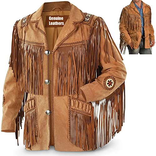 Fami Sports Auténtica chaqueta vintage de piel de ante vaquero/vaquera: estilo clásico con flecos y cuentas, durabilidad, marrón, L