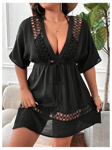 SweatyRocks Women's Plus Size Bathing Suit Cover Up Swimwear Hollow Out Beach Dress4