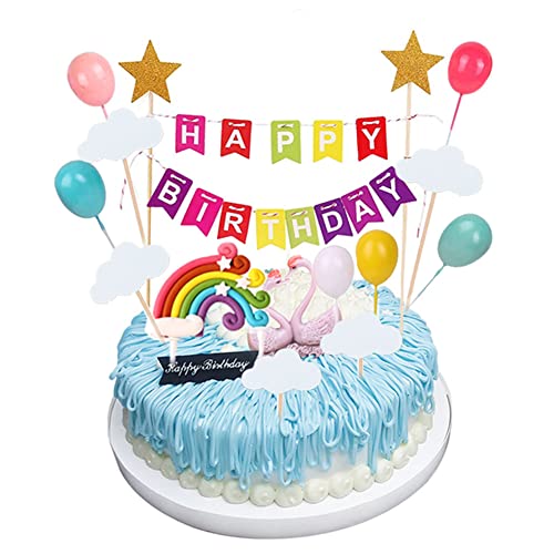 Memovan Rainbow Cake Topper 15Pcs, Happy Birthday Cake Flag Banner, Colorful Rainbow Clouds Balloon Ball Cake Cupcake Topper, Colorful Rainbow Cake Decoration For Boys Girls Birthday Baby Shower Party #TOP2