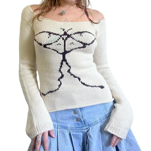 Y2K Aesthetic Off Shoulder Crop Sweater for Women Long Sleeve Slim Graphic Knit Tops Streetwear