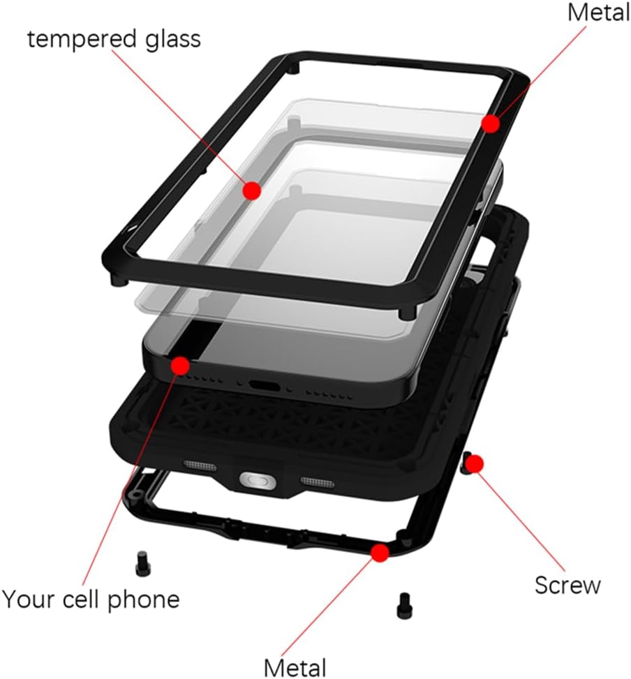LOVE MEI Compatible with iPhone 17 Pro Max Case, Outdoor Sports Waterproof Military Heavy Duty Shockproof Dust/Dirt Proof Hybrid Aluminum Metal+Silicone+Tempered Glass Full Body Metal Cover (Black)