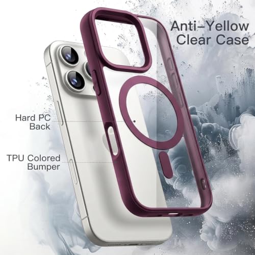 Image of DIZORO iPhone 15 Pro Max Case,Compatible with MagSafe, Non Yellow Military-Grade Drop Protection & Hard PC Back Cover Slim Transparent Anti-Scratch Shockproof Phone Case - Wine Red