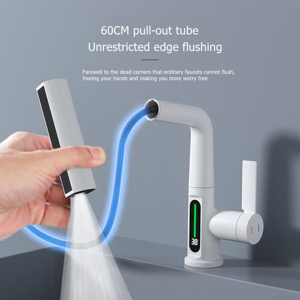 Grifo de cocina con pantalla digital de temperatura y cabezal de pulverización extraíble con rotación completa para uso en fregadero y mostrador (blanco)
