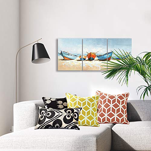 B BLINGBLING Boat Canvas Wall Art: Colorful Wooden Fishing Boat on The Sand Beach Bathroom Picture Wall Decor Framed and Ready to Hang (12"x16"x3 Panels) - Image 3