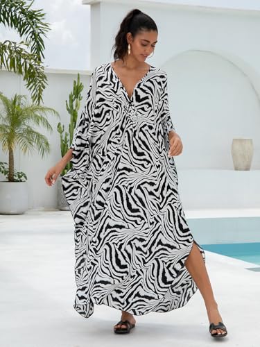 Image of IMAGEKOPE Women's Plus Size Animal Print V-Neck Batwing Kaftan Beach Dress Bathing Suit Cover-Up Loungewear