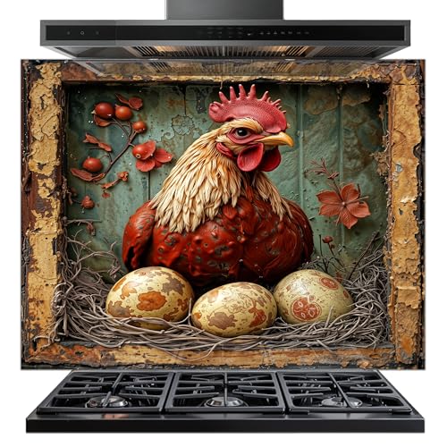Tempered Glass Backsplash with Rustic Rooster Design