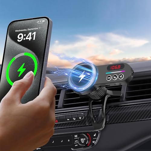 Magift Wireless MagSafe Bluetooth FM Transmitter Car Adapter[Magnetic Mounting Charger][magsafe car Mount][HiFi Bass Sound] Radio Receiver Bluetooth Transmitter Hands-Free Calling AUXIN Display