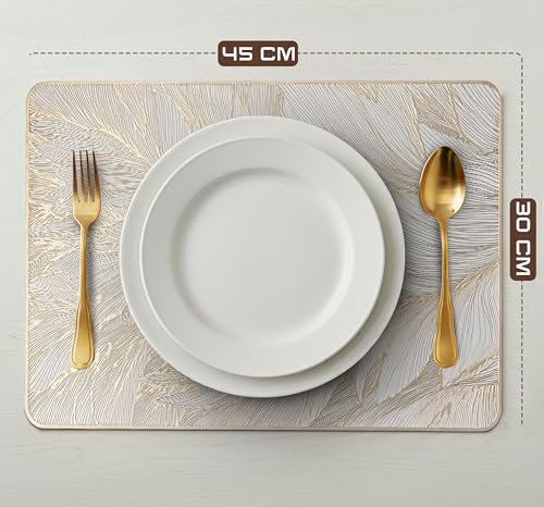 Image of Yellow Weaves 1 Pc PVC Table Placemats, Dining Table Mat, Stain Resistant, Anti-Skid, Waterproof, Washable, Dining, Kitchen, Restaurant Table Set Easy to Clean, Durable (Feather Golden)