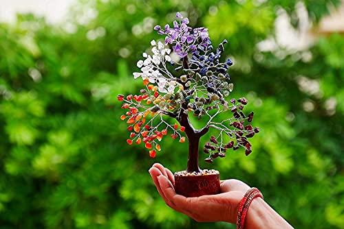 Subsh Seven Chakra Natural Healing Gemstone Crystal Bonsai Fortune Money Tree For Good Luck, Wealth & Prosperity Home Office Kitchen Décor Spiritual Gift (Golden Wire And 300 Beads) Size 10-12 Inches #TOP5