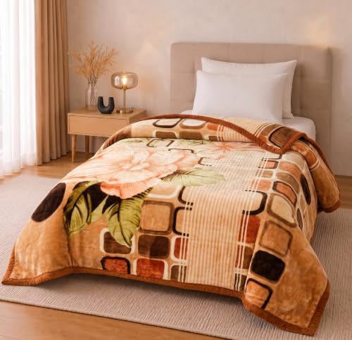 Image of BSB HOME 280 GSM Micromink Blanket, 2.5 Kg Premium Soft Warm Cozy Blanket, Plush Floral Printed Winter Blanket for Single Bed, Ultra Soft Comfortable Bedding, 60 x 88 Inches (152 x 220cm) - Warm Camel