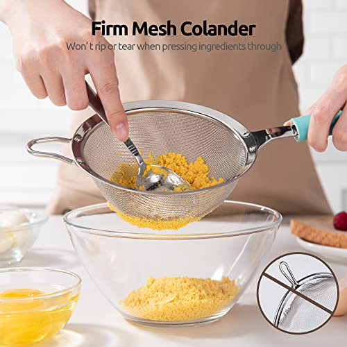 Image of 18 /8 Stainless Steel Mesh Strainer: U-Taste 5.5 Inch Kitchen Fine Mesh Sieve Food Colander with Riveted Sturdy Silicone Handle and 30 Mesh Hole for Straining Flour, Pasta, Fruit, Quinoa(Aqua Sky)