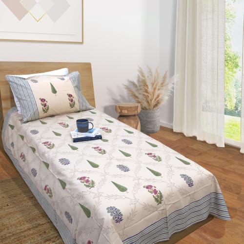 Image of TOAI Hand Block Printed Bedsheet | Bed Spread Flatsheet Bed Sheet | Pure Cotton | Single Size 60 inchx90 inch | 300 TC Long Staple Cotton | 1 Reversible Pillow Covers |Adil Jaal (Beige Multicolor)