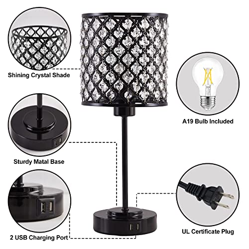 Gyrovu 76008C Crystal Touch Control Table Lamp With 2 Usb Charging Ports, 3-Way Dimmable Black Crystal Table Bedside Lamp Nightstand Desk Light thumb #1
