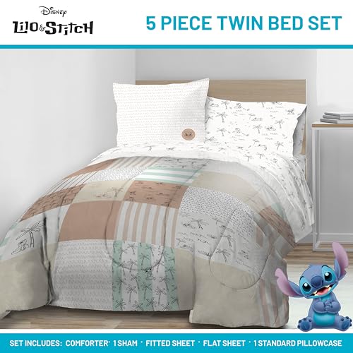 Image of Disney Lilo and Stitch Twin Comforter Set 5 Piece Bedding for Girls, Multi | Bed in a Bag, Comforter Sheets Sham Pillowcase, Official Product, Soft Microfiber, Machine Washable, Easy Care, Girls Gift