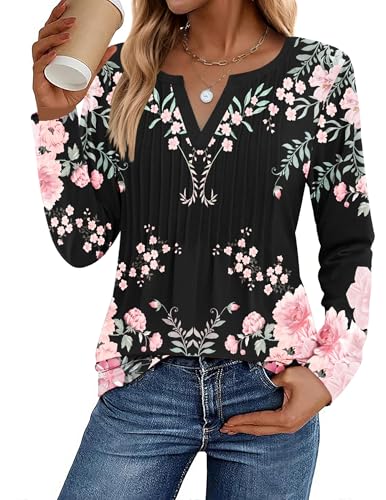 Zeagoo Womens Plus Size Tunic Tops Henley T Shirts 2025 Long Sleeve Pleated Floral Blouses Fall Clothes V Neck Work Tees XXL