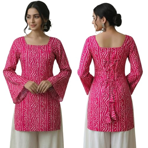 Image of MAHIRA'S Women's Short Kurti, Black Rayon Tunic Top with Embroidered Sleeves, 3 /4 Designer Sleeves