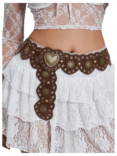 Verdusa Women's Y2k Vintage Heart Belt Wide Western Waist Belt Boho Chic Dress Belt Brown Medium