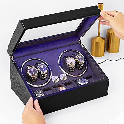 J&T Technology Automatic Watch Winder With 4 Quiet Motor Watch Winding Box+ 6 Flexible Watch Pillows Luxury Fiber Leather Storage Case, Japanese Motor (Black Crocodile Skin) #TOP1