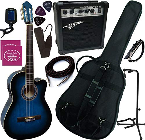 PACK Guitare Électro-Classique Ampli 15W jusqu'à 10 Accessoires 3 Coloris (10 Accessoires, Bleu)