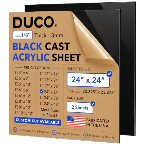 Duco 1/8" Black Cast Acrylic Sheets, 24"x24" Plexiglass Sheets, 2 Pack