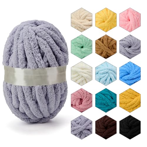 ERLYEEN Chenille Chunky Yarn Super Bulky Soft Thick Fluffy Jumbo Giant Washable Polyester Big Yarn DIY for Arm Knit Blanket Cushion Bed Sofa Home Decor,Light Grey,0.55LB