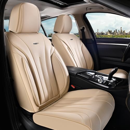 Image of Coverado Car Seat Covers, Front Seat Covers for Cars, 2 Pack Beige Leather Seat Covers, Universal Seat Covers Front Seat, Automotive Seat Covers Waterproof Car Seat Protector Fit for Most Vehicles