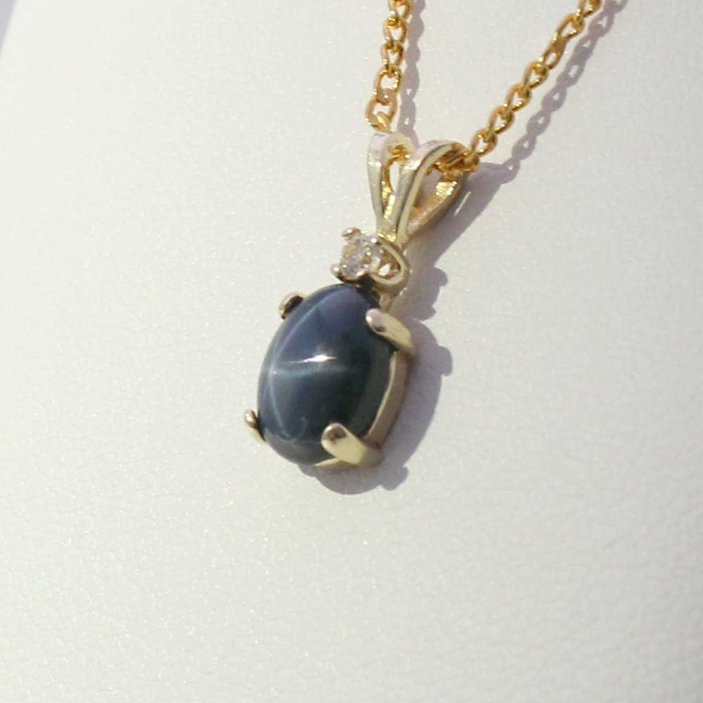 Genuine Blue Star Sapphire Necklace Solid 14K Yellow Gold/Oval-Shaped
