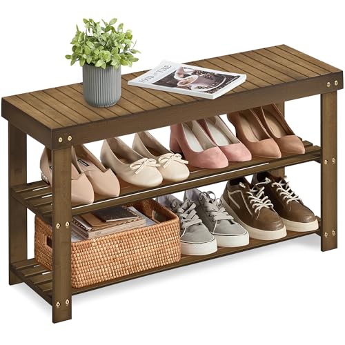 Image of SONGMICS Shoe Rack Bench, 3-Tier Bamboo Shoe Storage Organizer, Entryway Bench, Holds Up to 286 lb, 11.3 x 35.4 x 17.8 Inches, for Entryway Bathroom Bedroom, Yellow Brown ULBS090K01