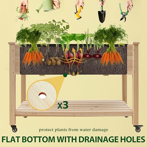 MUPATER 4x2FT Raised Garden Bed, Planter Box with Four Wheels and Legs for Herbs and Vegetables, Elevated Garden Bed with Drainage Holes for Outdoor Indoor, Natural Wood
