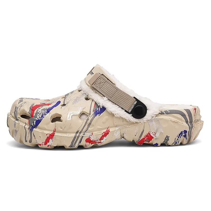 Image of Men's Graphic Fuzzy Lined Clogs Winter Slip On Shoes | Warm Plush Lined Clog Shoes with Vintage Printed Design, Lightweight Closed Toe Casual Footwear for Indoor Outdoor Daily Wear