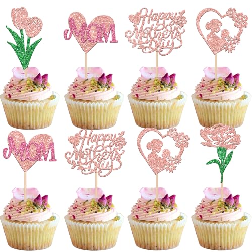 Rsstarxi 30 Pack Happy Mother's Day Cupcake Toppers Glitter Best Mom Ever I Love You Mom Cupcake Picks Heart Flower Mother's Day Cake Decorations for Mother's Day Party Supplies Rose Gold