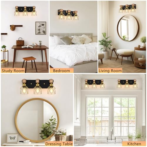 Image of FadimiKoo Black and Gold Vanity Light, 3-Light Farmhouse Vanity Light, Bathroom Light Fixtures Over Mirror, Industrial Indoor Wall Mounted lamp for Bathroom, Living Room, Cabinet, Bedroom