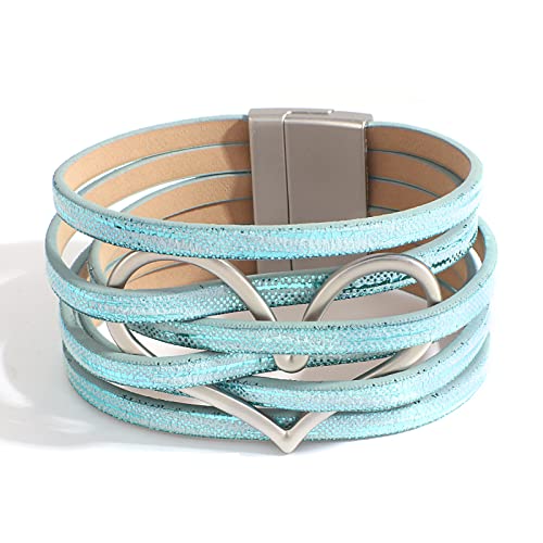 hotoo Boho Leather Bracelets Women Wrap Bracelet Heart Circle Christmas Blue Handmade Cuff Wristbands Layered Bangles Girls Graduation Valentines Gifts