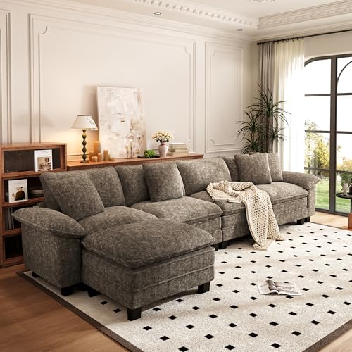 Image of PHI VILLA Cloud Modular Couch Sets, 157.5 inch Oversized Sectional Sofa with L-Shaped Chaise, 5-Seater Upholstered Couches with Movable Ottoman for Living Room, Chenille Grayish Brown
