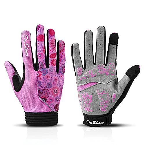 DuShow Gants de cyclisme pour femme - Avec motif floral rose - Pour écran tactile - Rembourrés en gel - Pour VTT, équitation, gym, sport - Taille L, fleur rose Cover