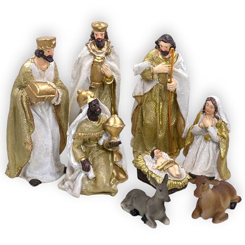 MIJOMA Preciosas figuras de belén para belén – Figuras de piedra artificial pintadas a mano – Decoración navideña perfecta en diferentes sets y estilos a elegir (8 piezas – 13 cm de alto)